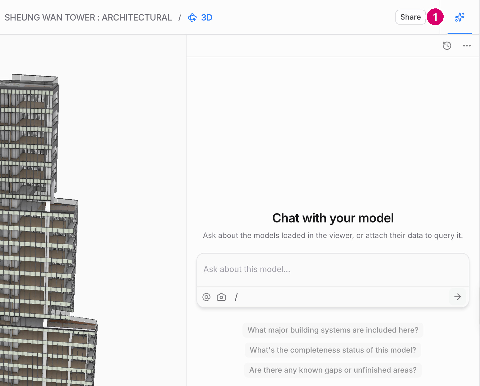 Chat with your model panel in the 3D viewer: the heading, the composer reading Ask about this model, and suggested questions
