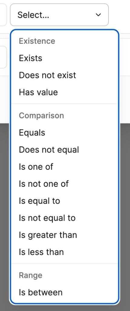 Numeric predicate dropdown with Existence, Comparison, and Range sections