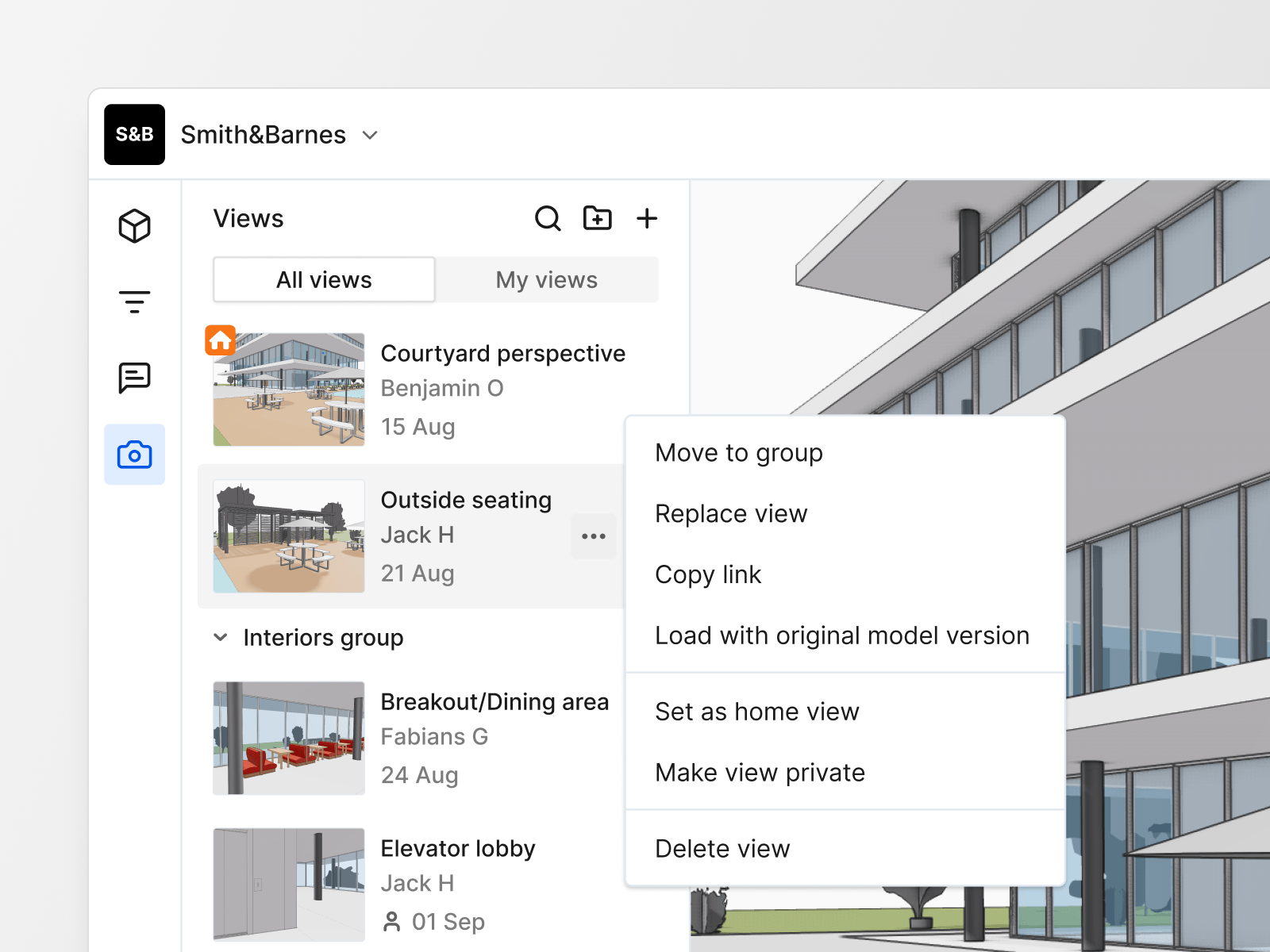 Saved views list and organisation in the 3D viewer