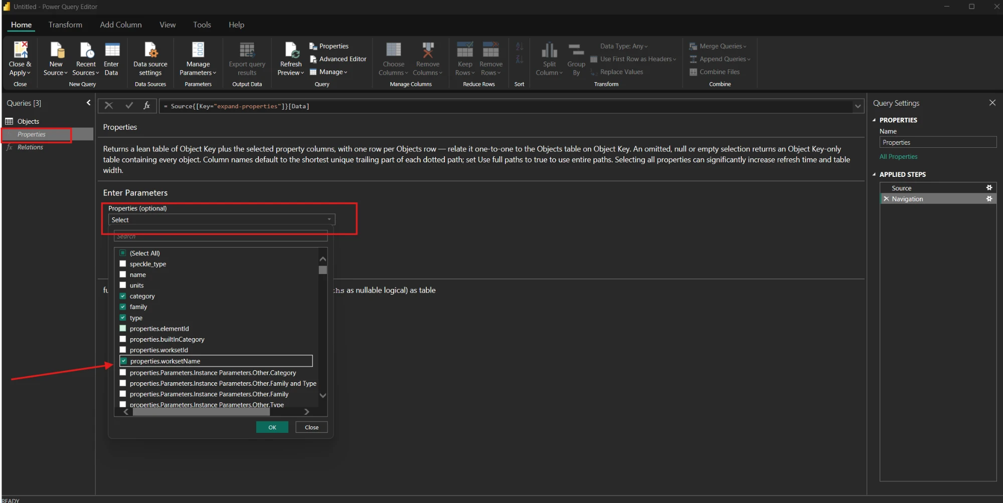 Power Query with the Properties function selected and its Properties list open, showing property paths with checkboxes