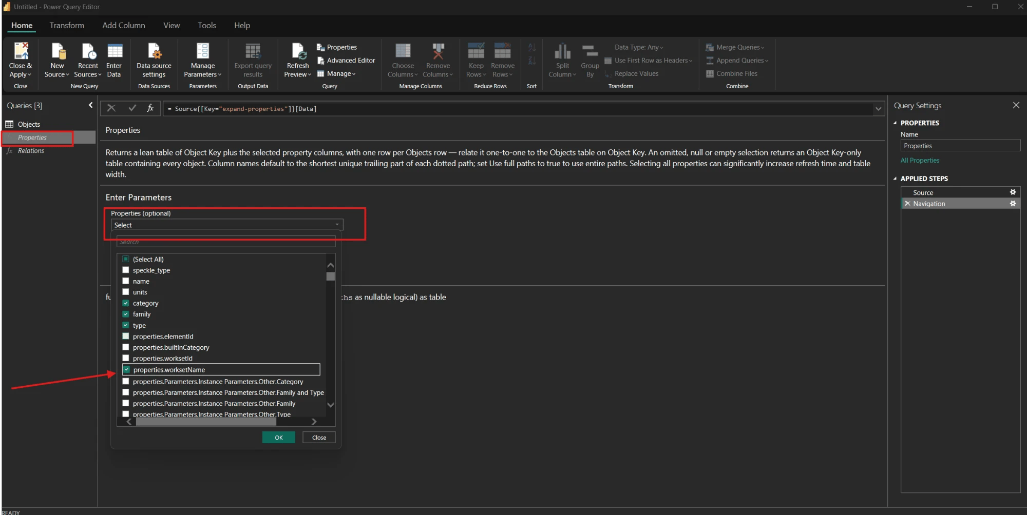 Power Query with the Properties function selected and its Properties list open, showing property paths with checkboxes