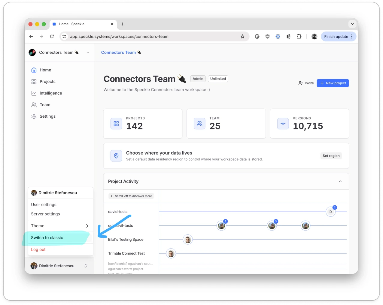 Beta Speckle user menu showing the Switch to classic option.