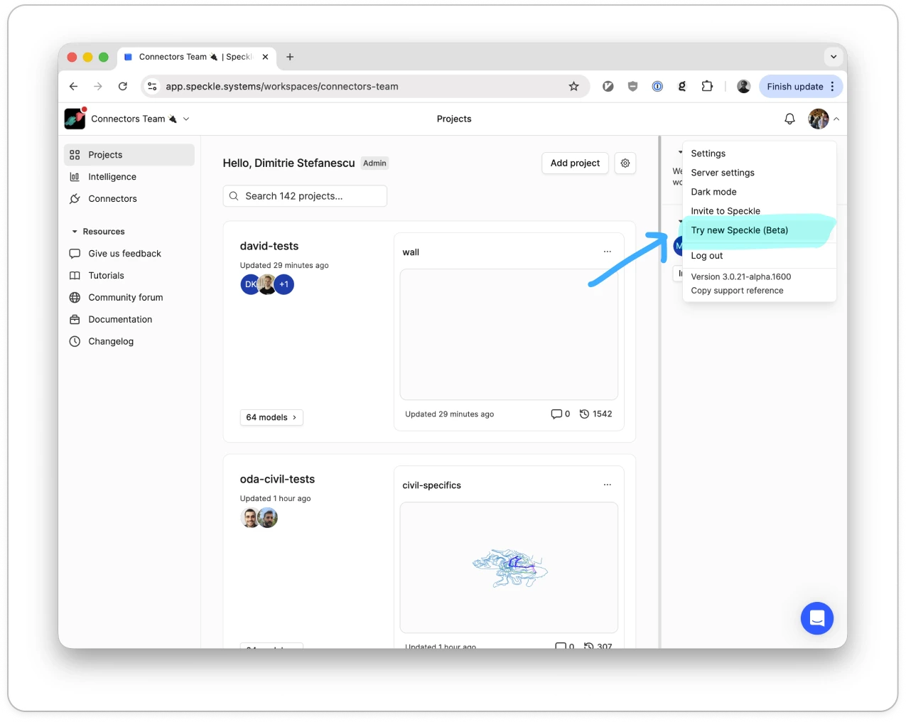 Classic Speckle user menu showing the Try new Speckle (Beta) option.