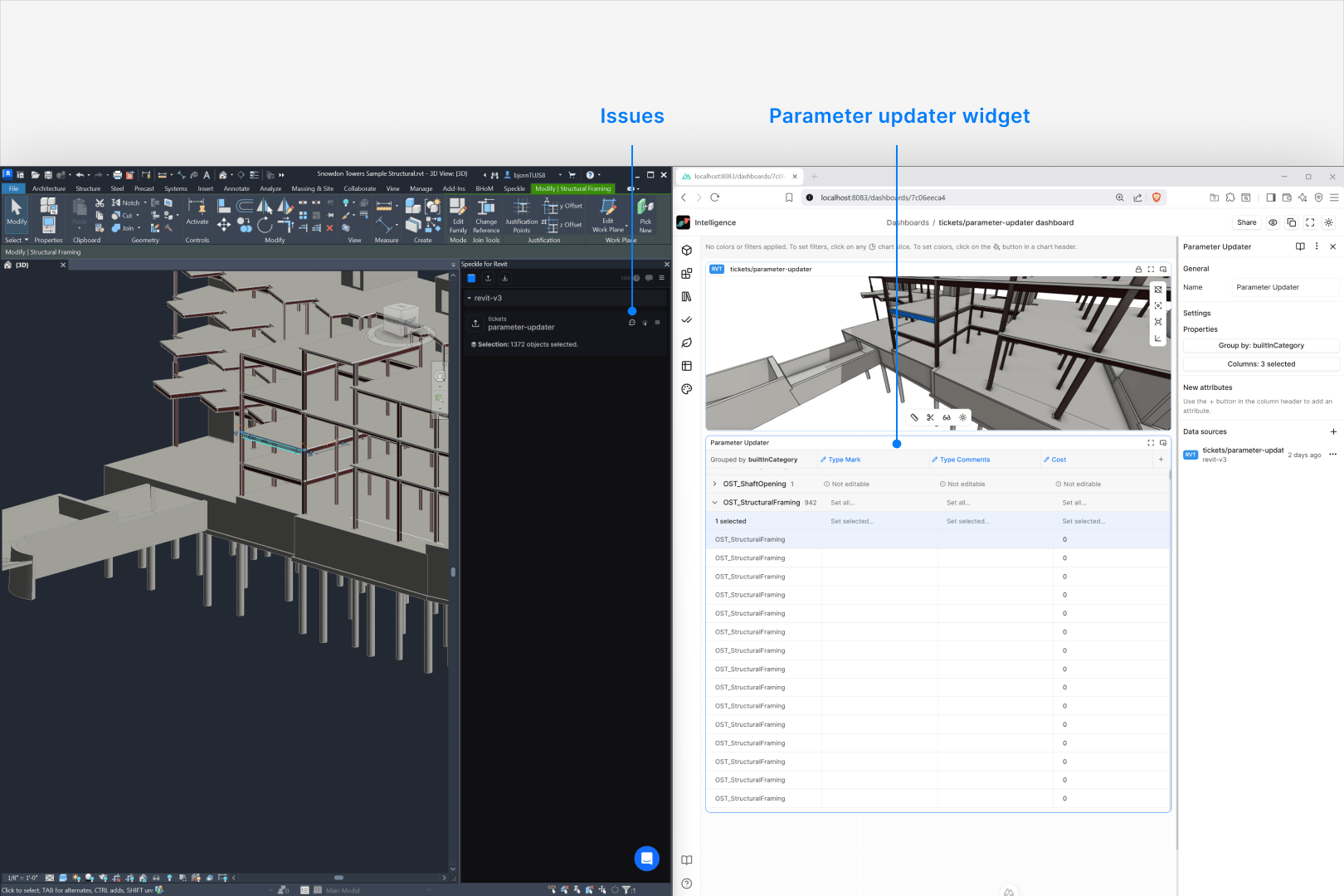 Revit connector publishing a model alongside the Parameter Updater widget