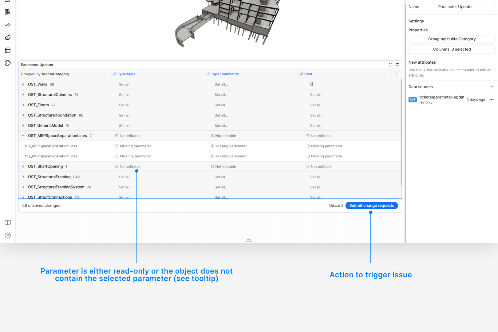 Parameter Updater table showing editable, read-only, and missing parameter cells with the footer bar