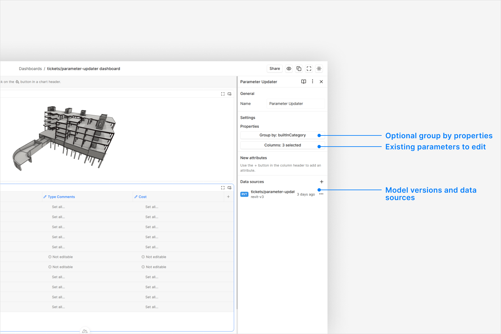 Widget configuration sidebar showing data sources, columns, and group by