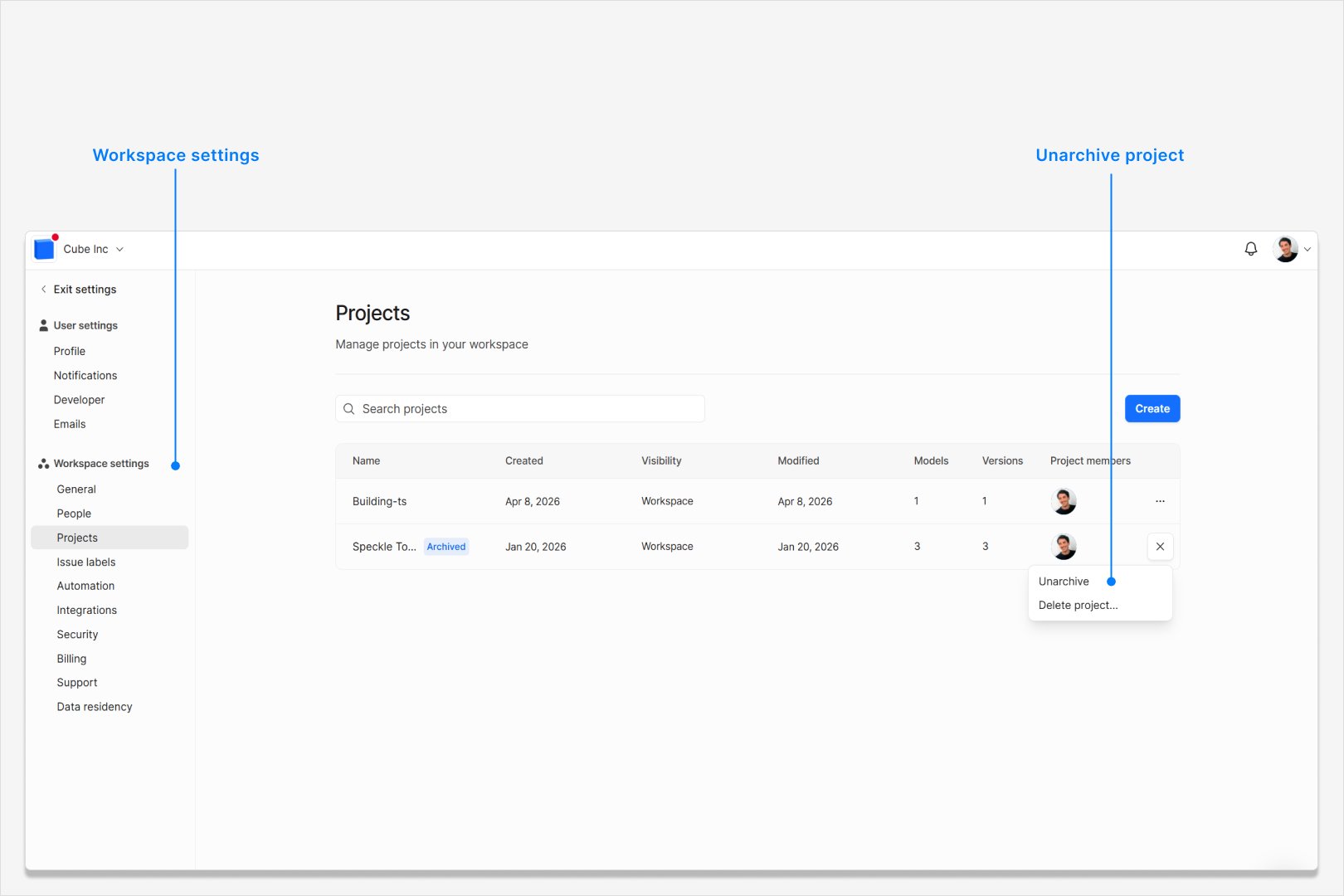 Project row menu showing the Unarchive action