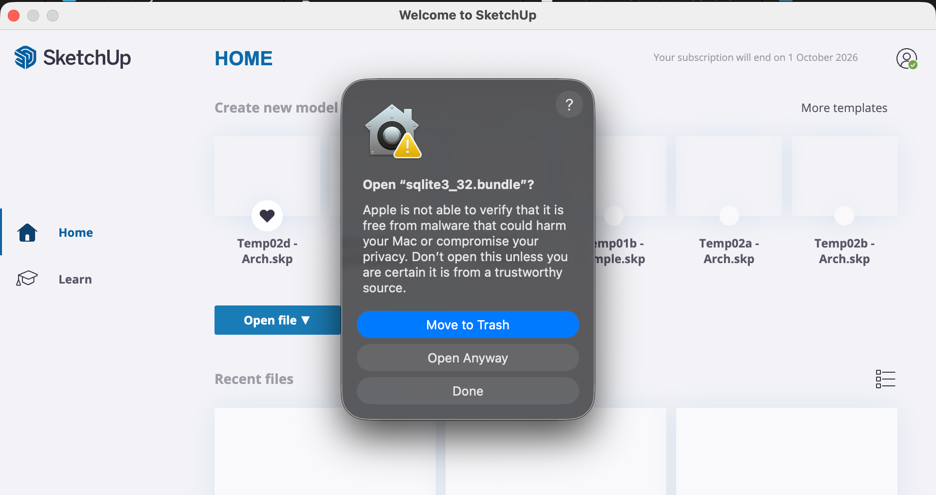 macOS warning dialog for sqlite3_32.bundle with Open Anyway option