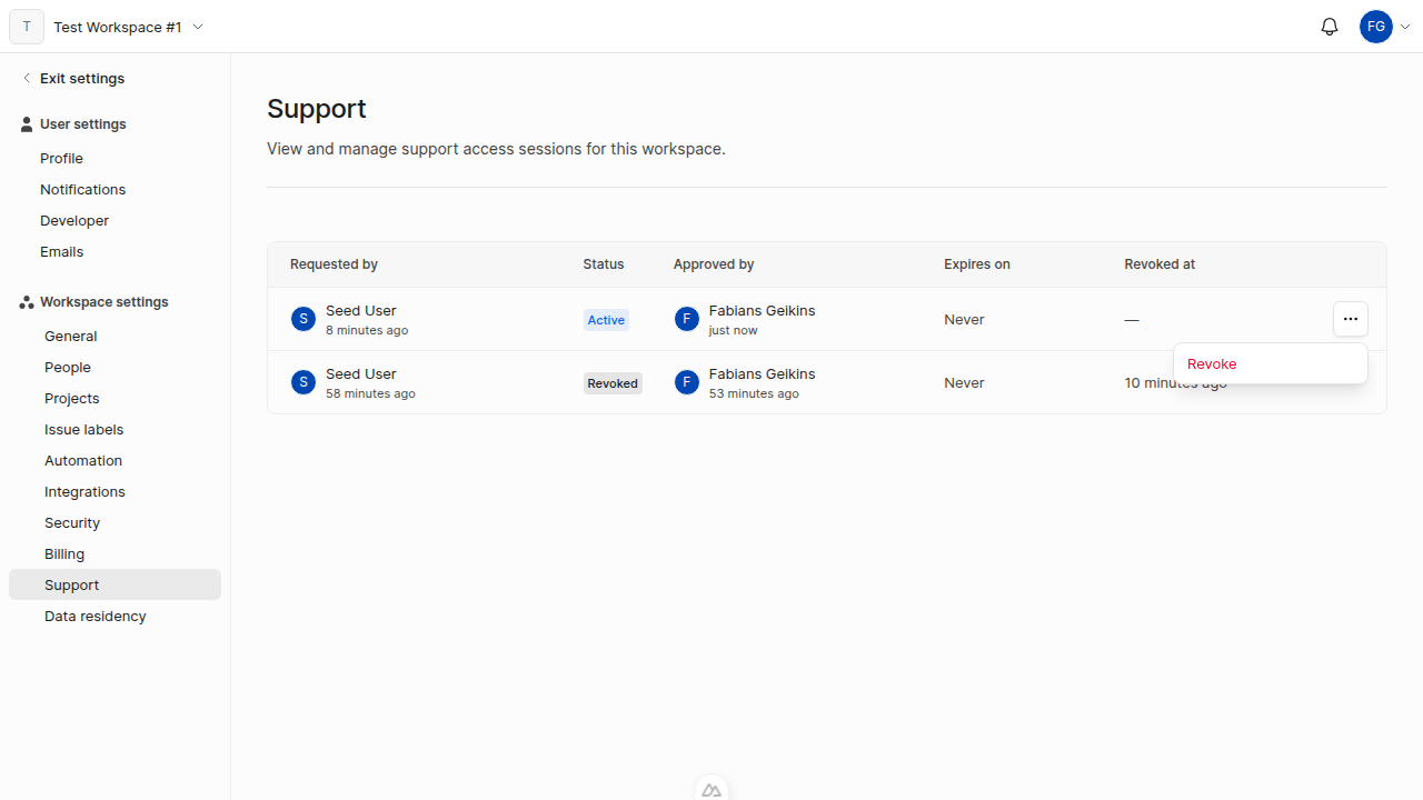 Active support session showing approval details