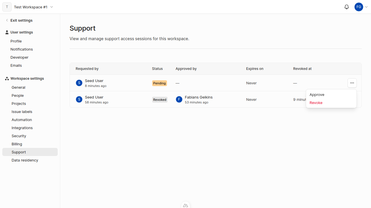 Workspace Settings Support page showing the Approve and Revoke options in the actions menu