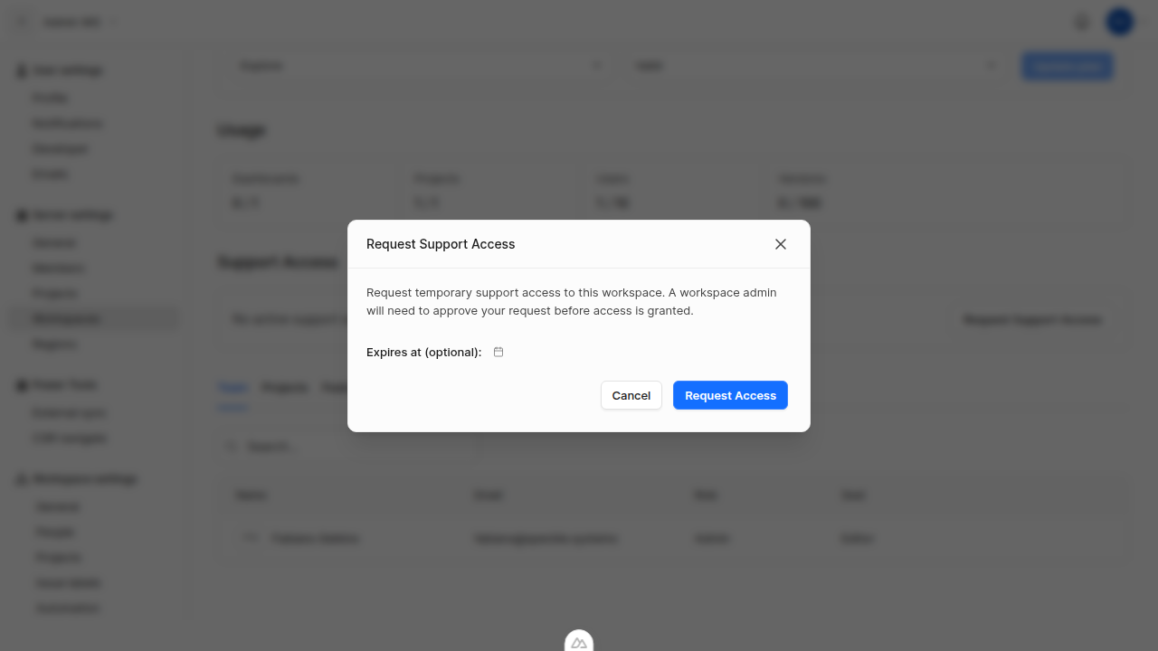 Request Support Access dialog with optional expiration date