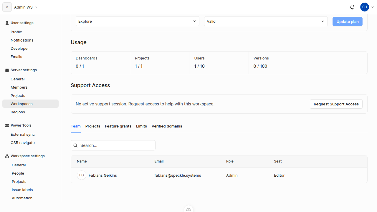 Support Access section in Server Settings showing the Request Support Access button