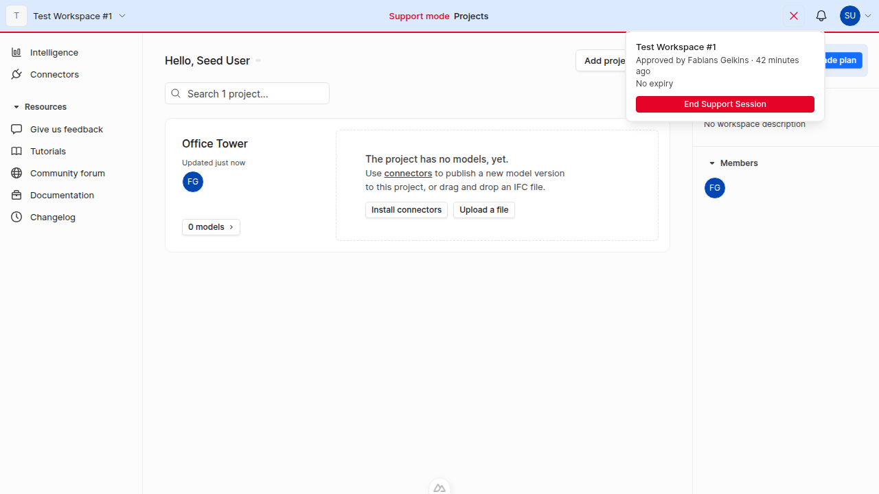 Session details dropdown showing workspace name, approval info, and End Support Session button