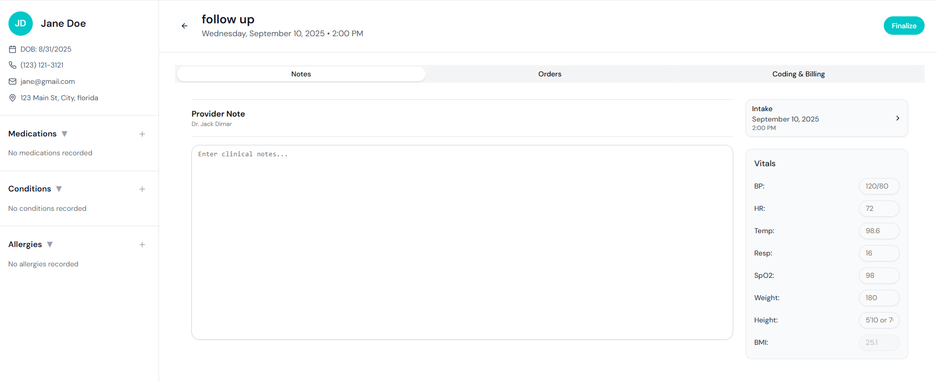 Clinical encounter documentation showing SOAP notes and orders