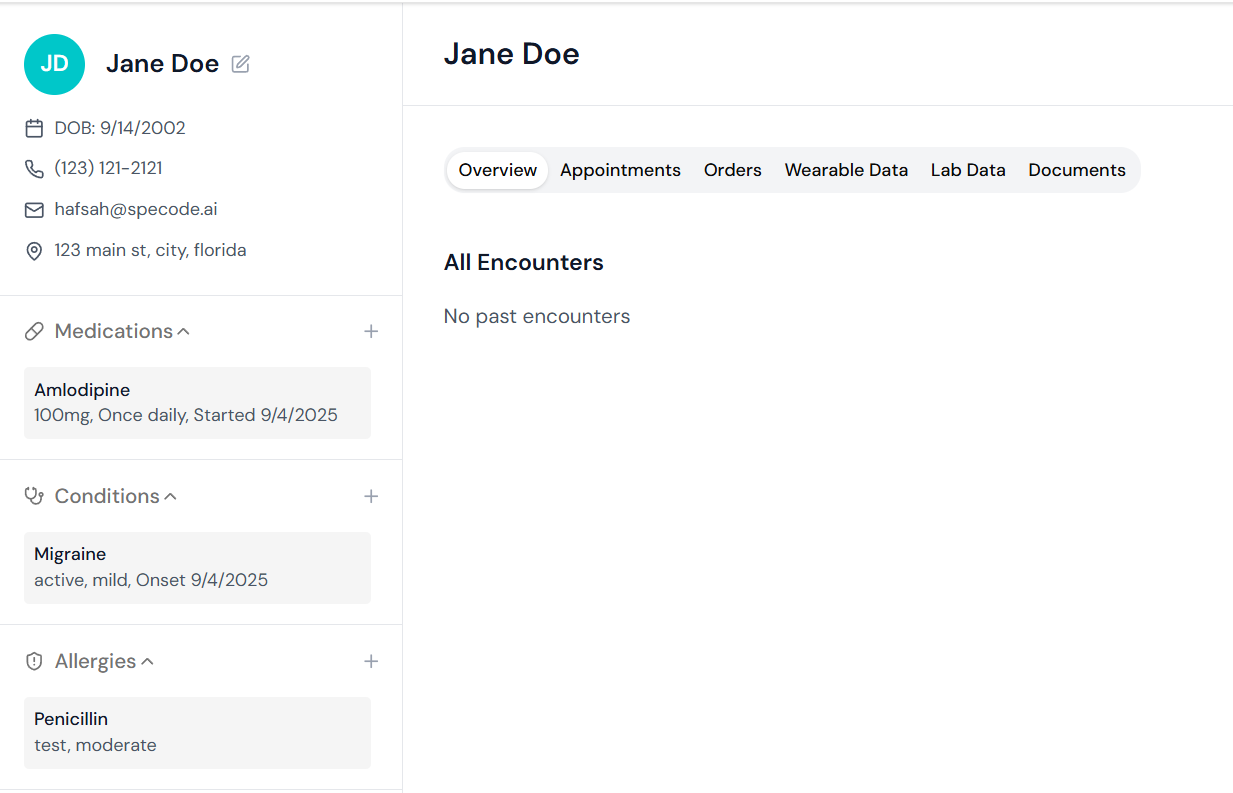 Patient medical record overview showing demographics and medical history