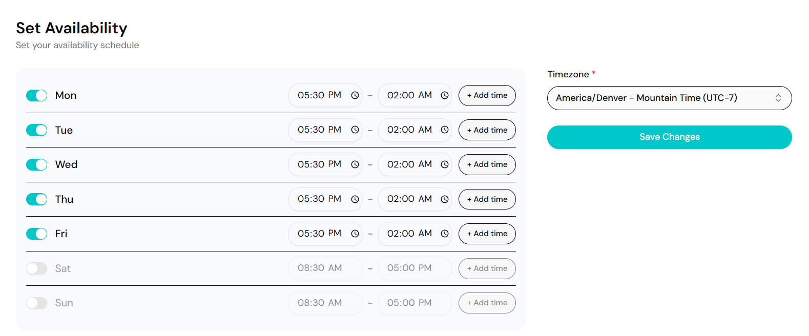 Provider availability settings interface