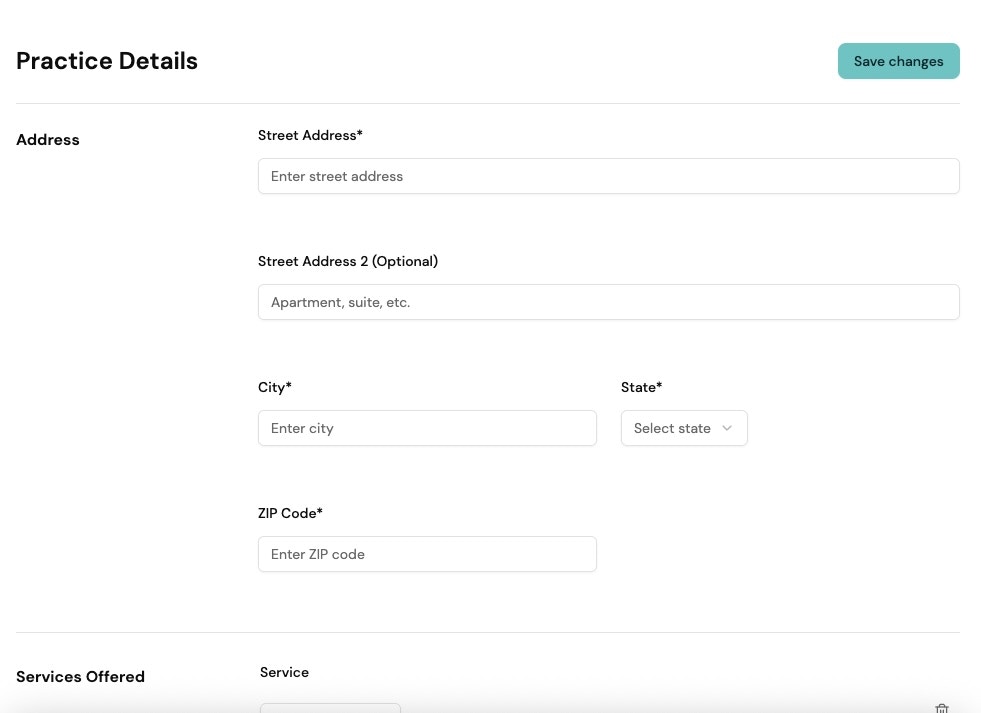 Provider practice information and settings