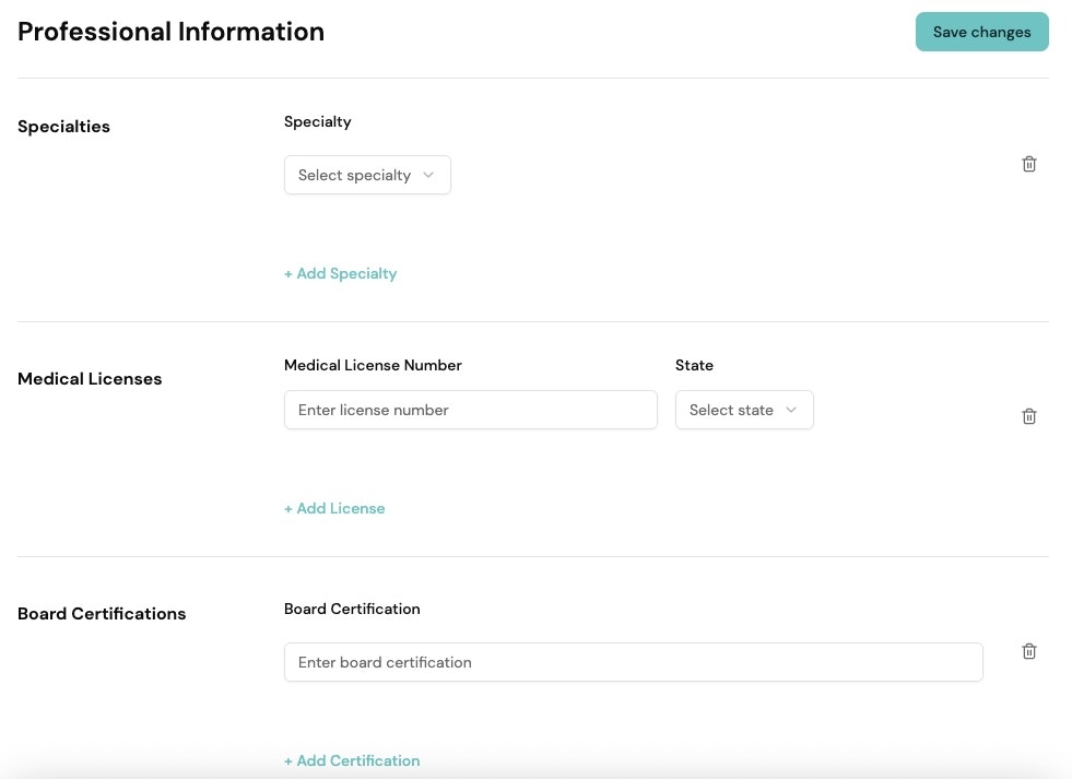 Provider professional information and credentials