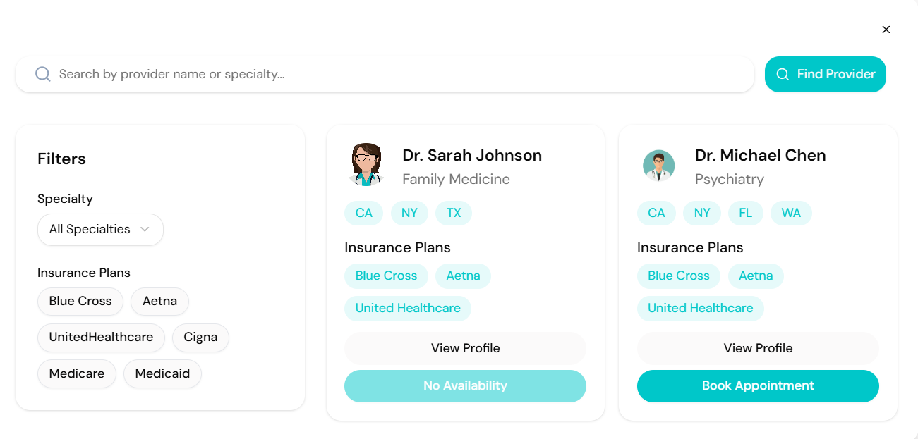 Provider search interface with filters