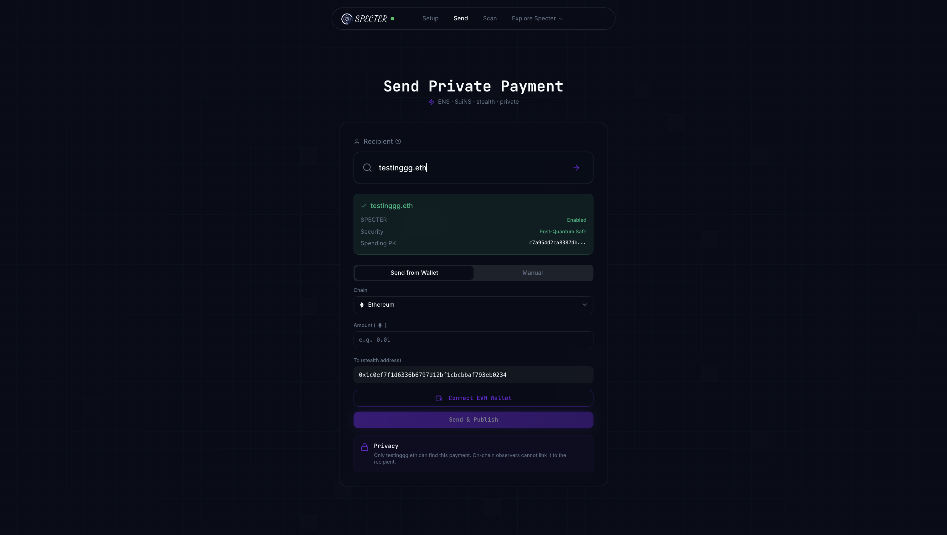 Send — resolve a name and create a stealth payment