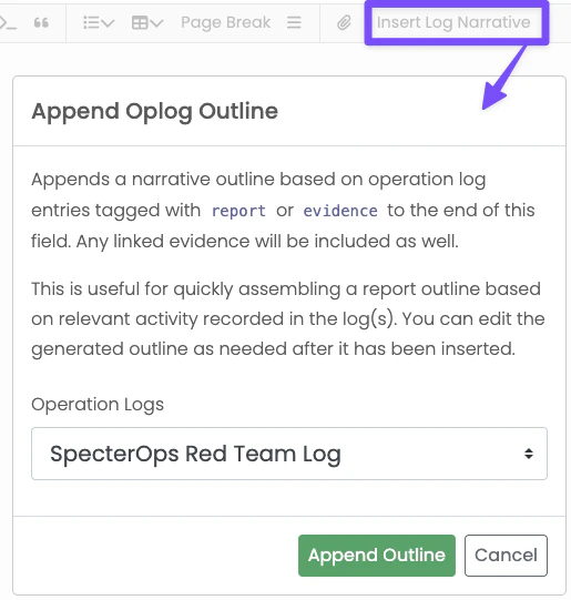 Dialog for generating an attack path narrative outline from an operation log.