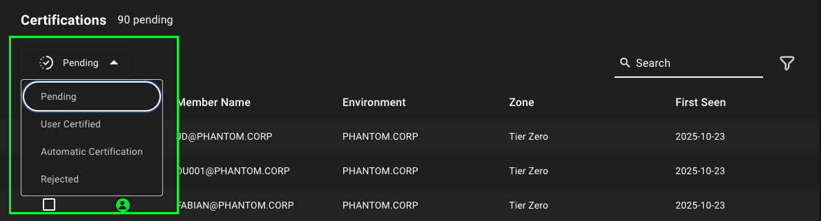 Privilege Zones certification status drop-down menu