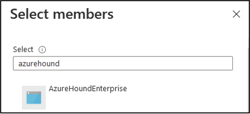 The member picker dialog with the AzureHound service principal selected.