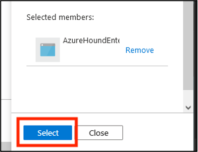 The member selection confirmation showing the selected service principal before applying.