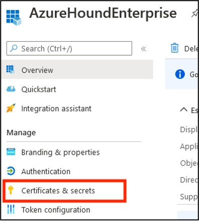 The AzureHound app registration Overview page with the Certificates & secrets menu item highlighted.