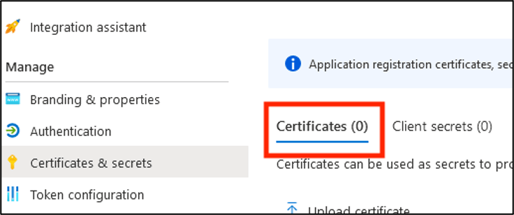 The Certificates & secrets page with the Certificates tab highlighted.