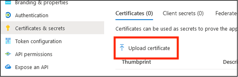The Certificates page showing the Upload certificate button.