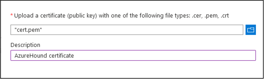 The upload dialog with a selected certificate file and optional description field.