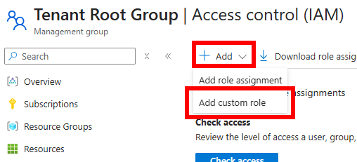 The Access control (IAM) page with Add and Add custom role options highlighted.