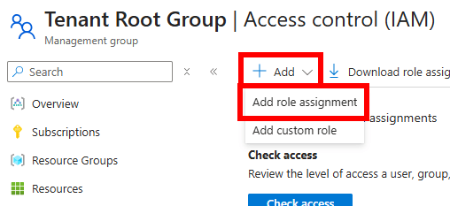 The Access control (IAM) page with Add role assignment selected from the Add menu.