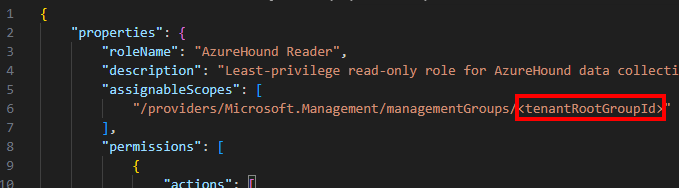 The azurehound-reader-role.json file showing where to replace the tenantRootGroupId placeholder.