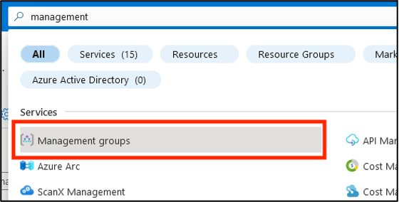 The Azure portal search bar with Management groups selected from results.