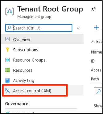 The Tenant Root Group page with Access control (IAM) selected.