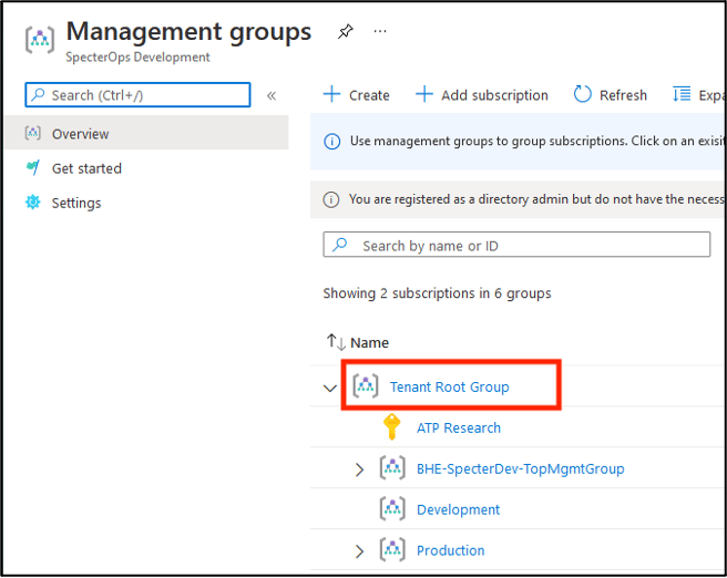 The Management groups page showing Tenant Root Group selected.