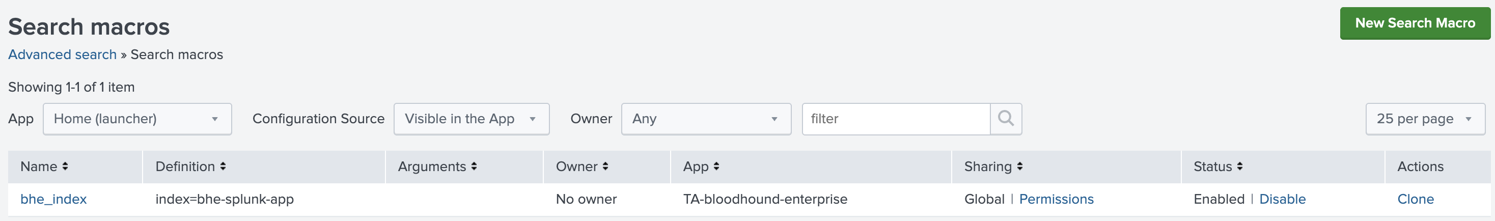 A view of the Splunk 'Search Macros' page showing the default 'bhe_index' macro.