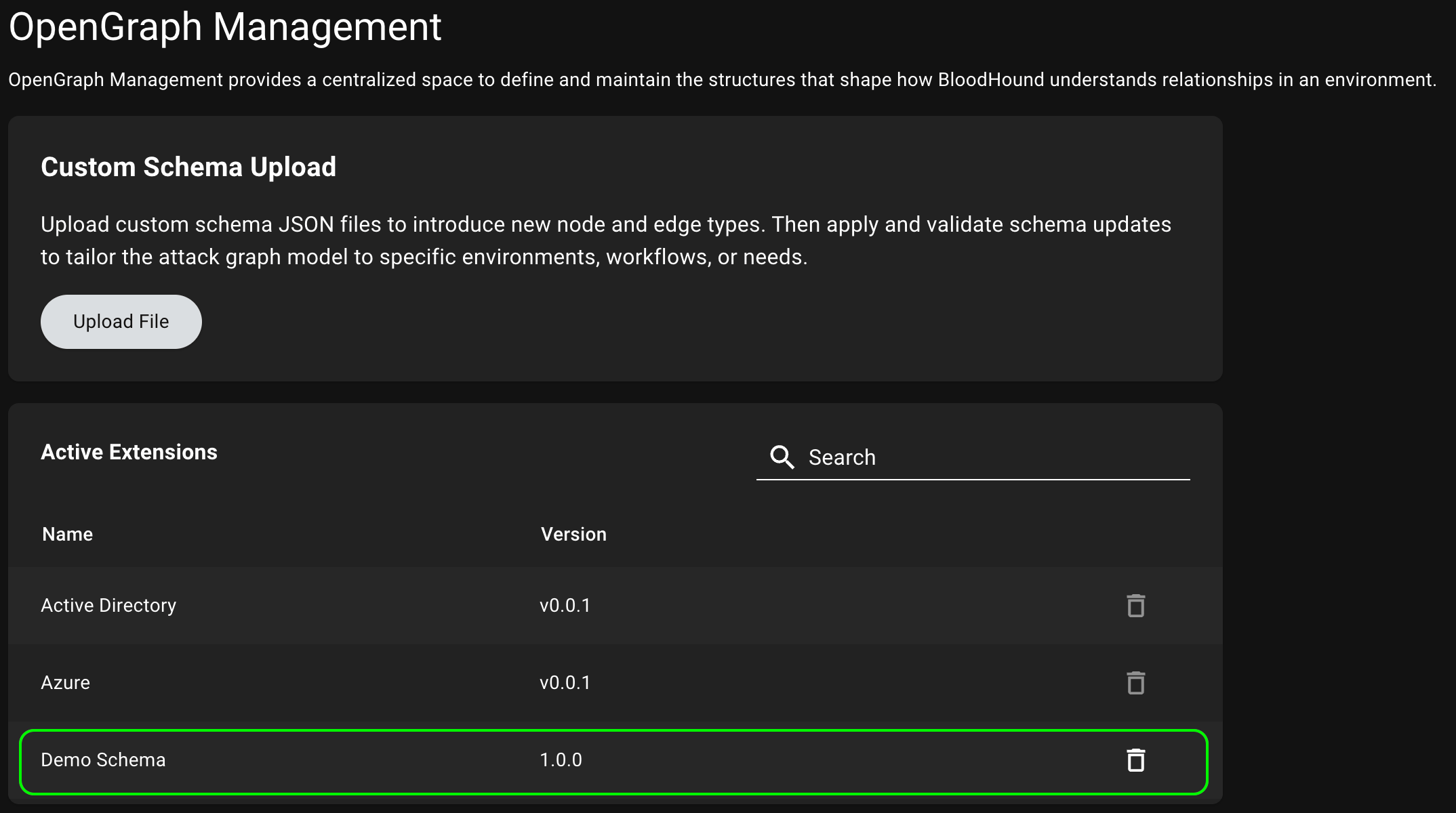 A screenshot showing the OpenGraph Management page with the list of active extensions, highlighting the newly installed extension.