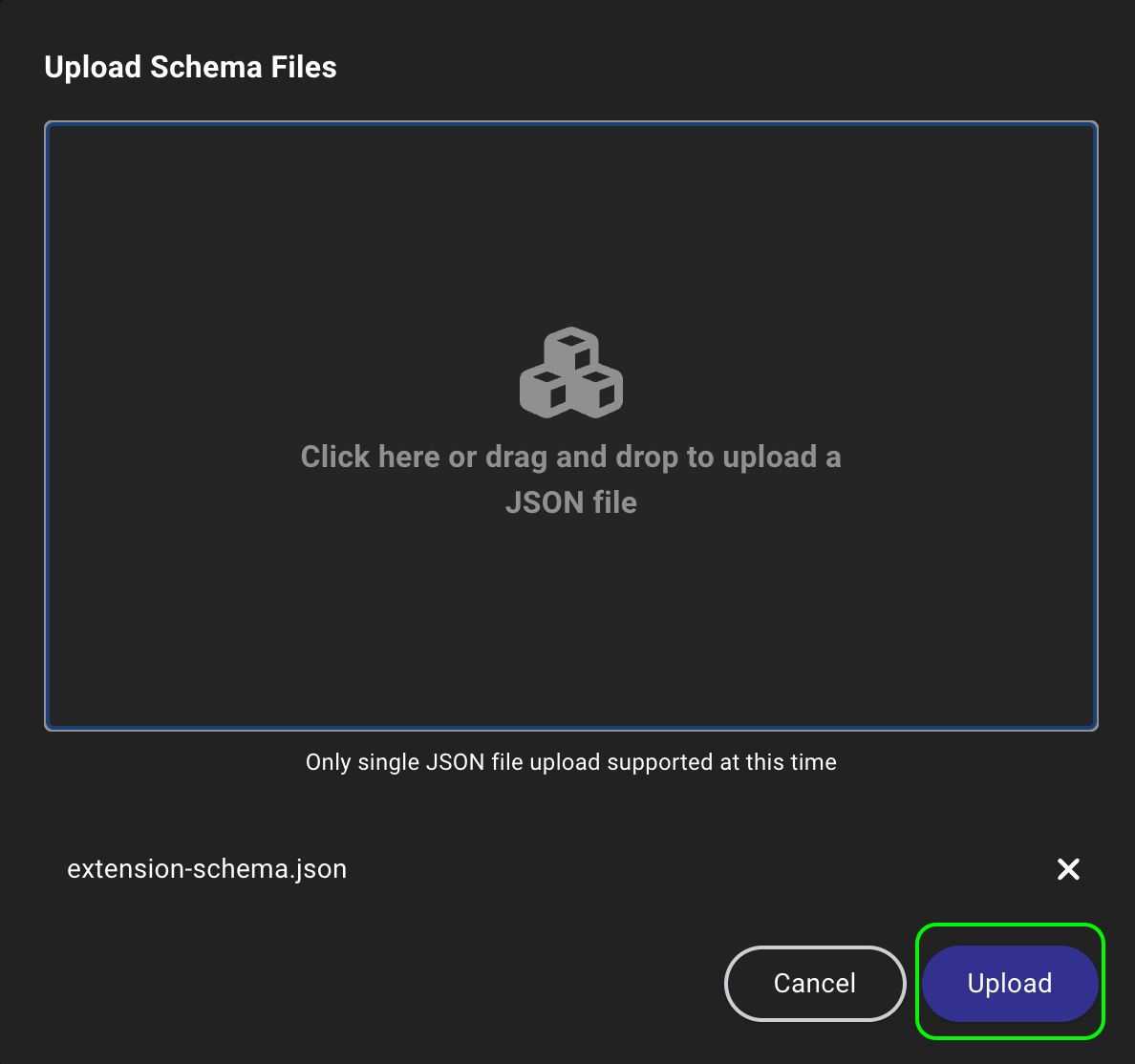 A screenshot showing the OpenGraph Management page with the Upload Schema Files dialog open, allowing the user to select a file and upload it.
