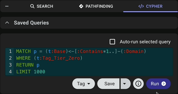 An animated view of the Cypher search tab showing the Run button changing to a Running... status while a query is executing, then reverting back to Run once the query is complete.