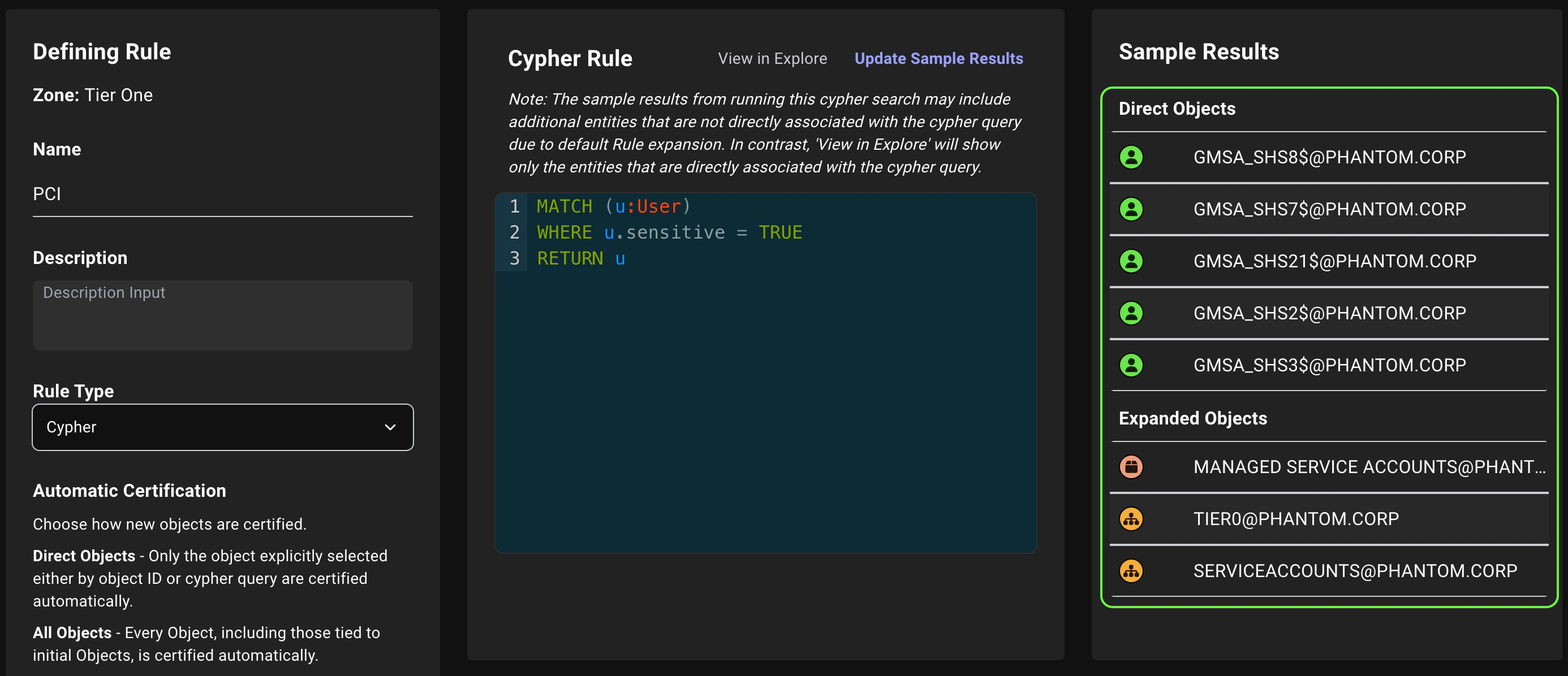 A view of the Sample Results panel in the Zone Builder page showing the separation between direct matches and expanded matches when defining a rule