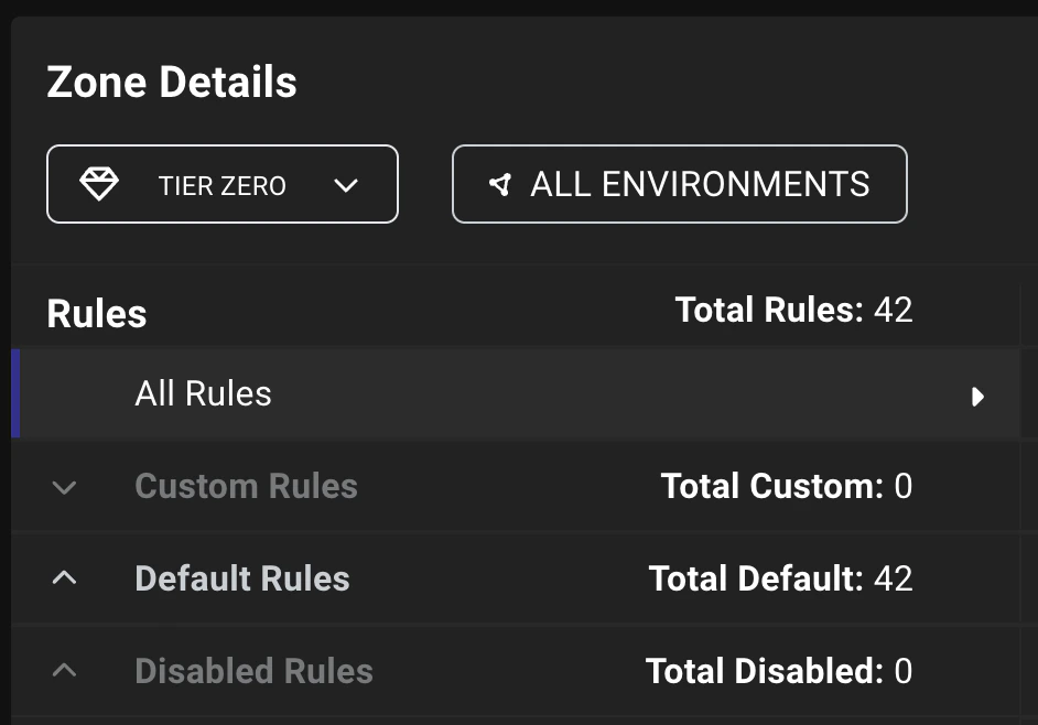 A view of the Zone Details View showing the new rule categories that group rules based on function: All Rules, Custom Rules, Default Rules, and Disabled Rules.