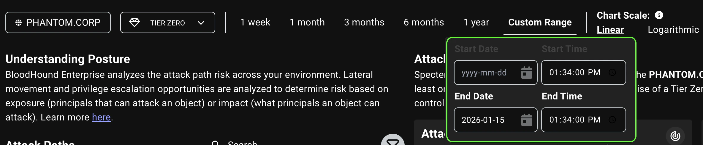 A view of the BloodHound posture page custom date range filter, showing the new time picker input that allows users to specify a time value in addition to the date when filtering attack paths by date range.