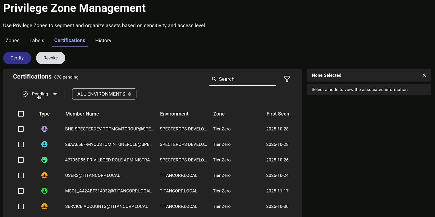 Privilege Zones certification status drop-down menu