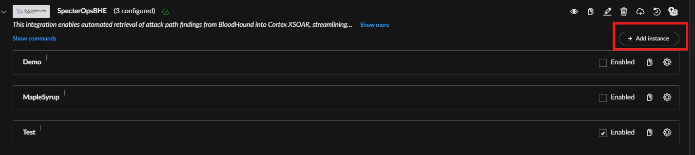 List of multiple SpecterOpsBHE instances in Cortex XSOAR.