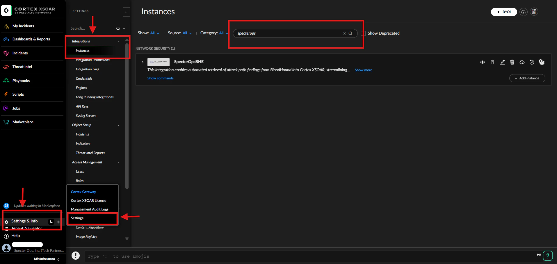 Cortex XSOAR Integrations & Instances page with SpecterOps integration visible.
