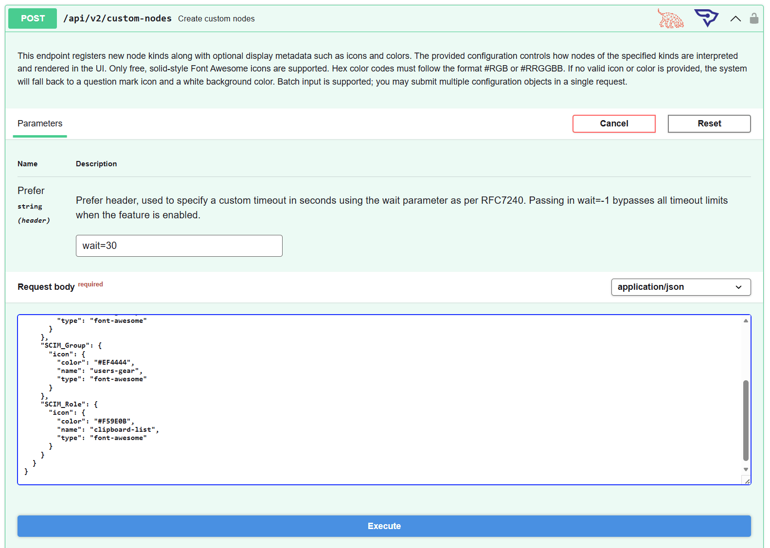 API Explorer with a custom icon payload ready to execute