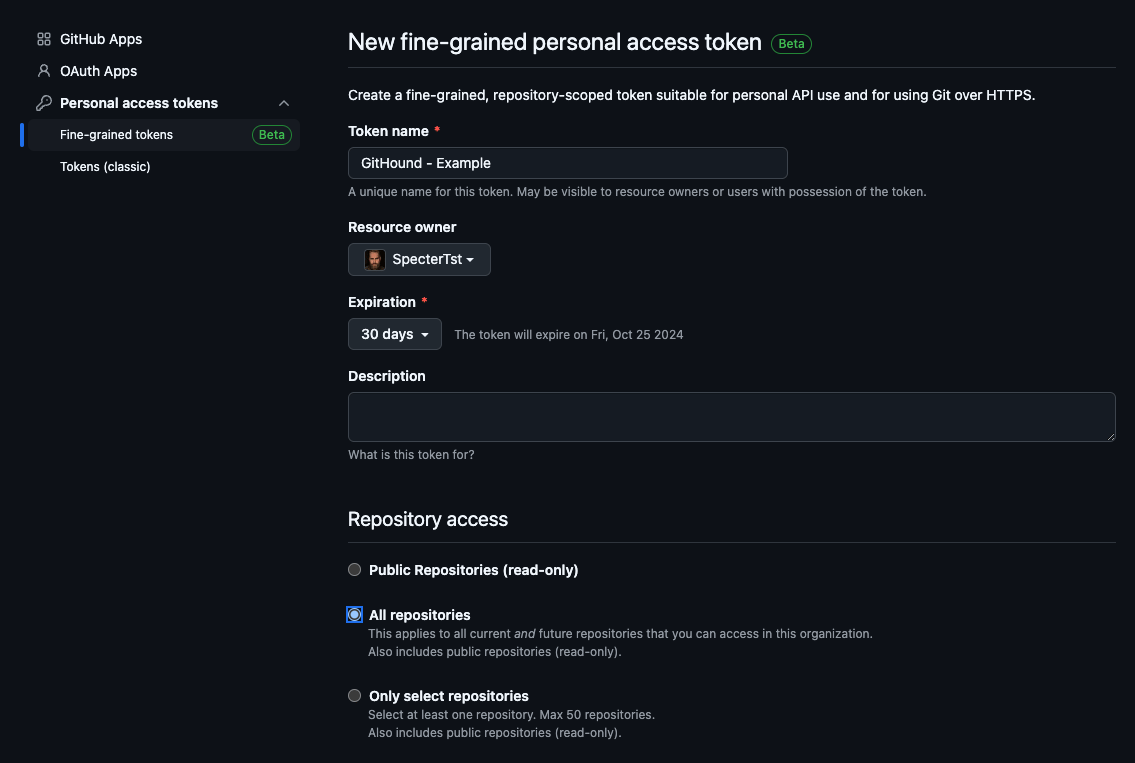 Select All repositories for token access